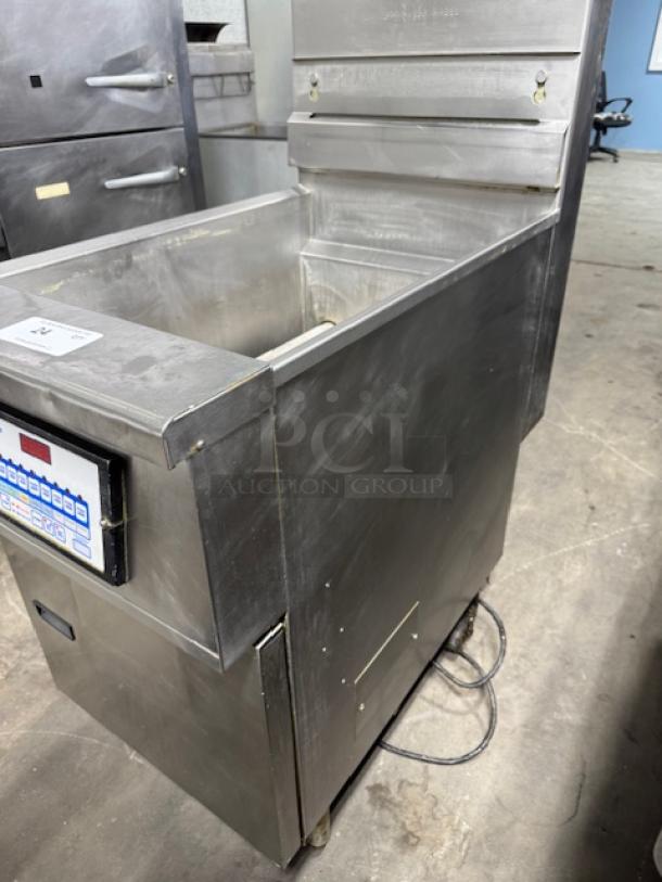 Fastron EM-99 SMS gas deep fryer, stainless steel, digital control panel, used condition, slight wear, visible wiring.