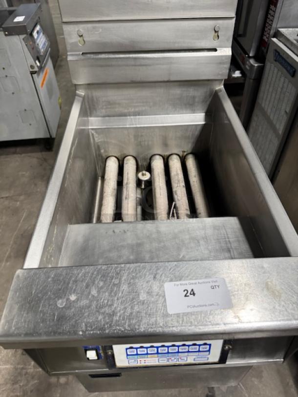 FASTRON EM-99 SMS deep fryer, gas-operated, stainless steel, visible control panel, industrial use, good condition.