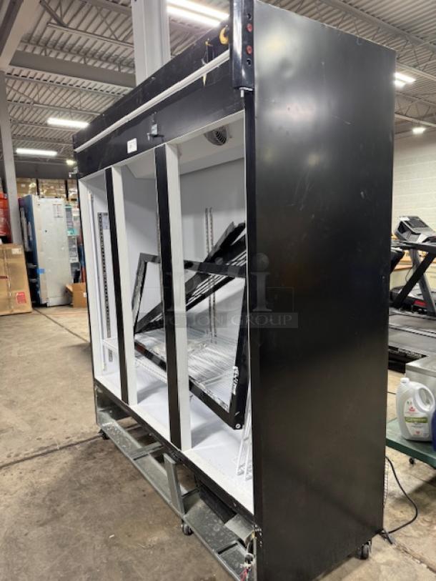 Avantco GDC-69-HC merchandiser refrigerator, black, needs doors, 78 1/4", customizable swing glass doors, LED lighting visible.