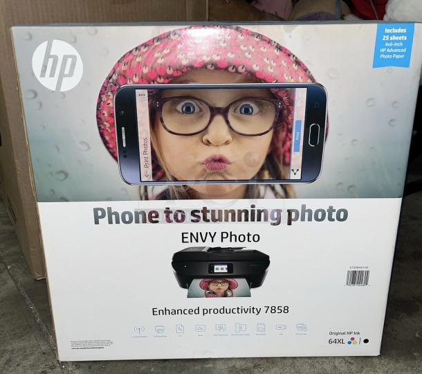 Brand new HP Envy 7858 All-in-one Inkjet Wi-Fi color printer in box, includes 25 sheets 4x6-inch HP Advanced Photo Paper.