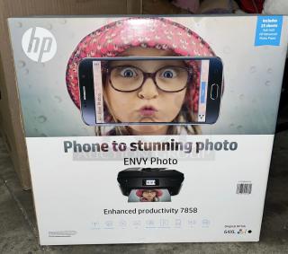 Brand new HP Envy 7858 All-in-one Inkjet Wi-Fi color printer in box, includes 25 sheets 4x6-inch HP Advanced Photo Paper.