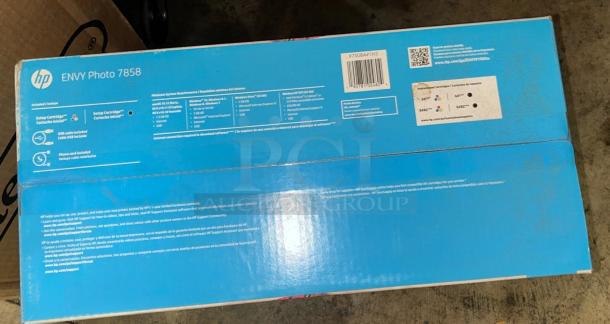 Brand new HP Envy 7858 all-in-one inkjet Wi-Fi color printer, sealed box, includes setup cartridge and USB cable.