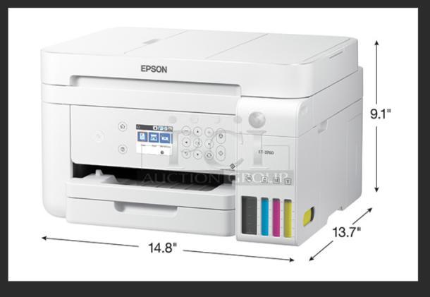 NEW Epson EcoTank ET-3760 Wireless All-in-One Printer. Features scanner, copier, ADF, Ethernet. Cartridge-free. Dimensions 14.8" x 13.7" x 9.1".