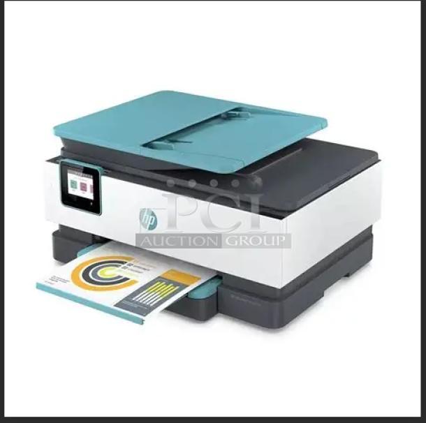 HP OfficeJet Pro 8028e All-in-One Wireless Color Inkjet Printer, new condition, features digital display and paper tray.