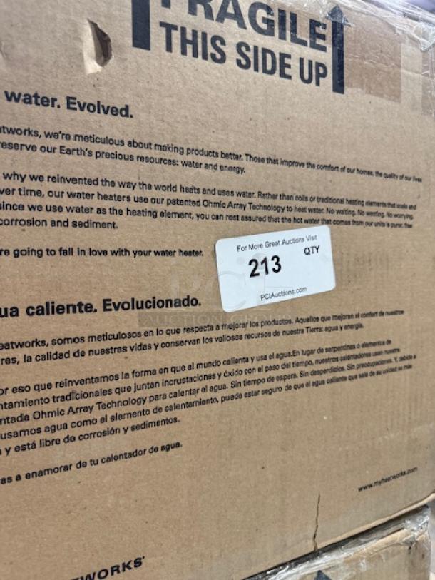 Box of Heatworks HW-0007 electric tankless smart water heater, labeled "Fragile," featuring auction lot number 213.