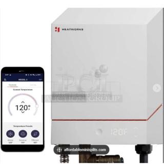 Brand new Heatworks Model 3 HW‑0007 electric tankless smart water heater displayed with smartphone app showing temperature.