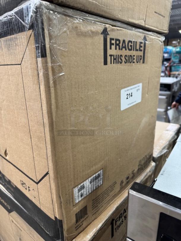 Brand new Heatworks HW‑0007 electric tankless smart water heater in sealed packaging, marked "Fragile" and "This Side Up".