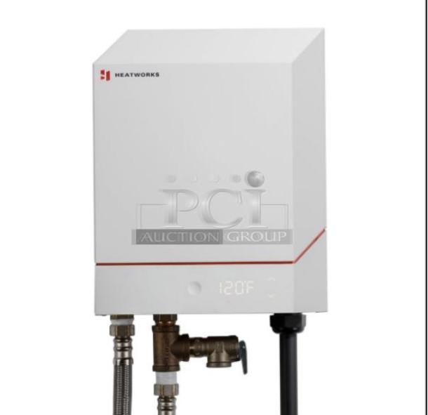 Brand new Heatworks Model 3 electric tankless smart water heater, model HW‑0007, showing digital temperature display at 120°F.