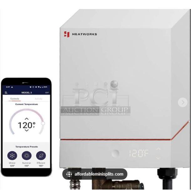 Brand new Heatworks Model 3 electric tankless smart water heater HW‑0007. Features digital display, app control, 120°F setting.