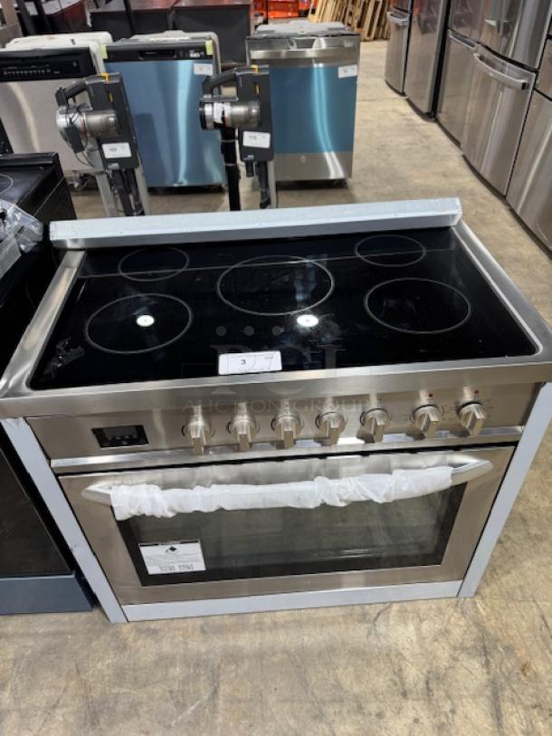 Brand new KoolMore KM-FR36EE-SS 36-inch electric range, stainless steel, six-burner cooktop, oven with glass door.