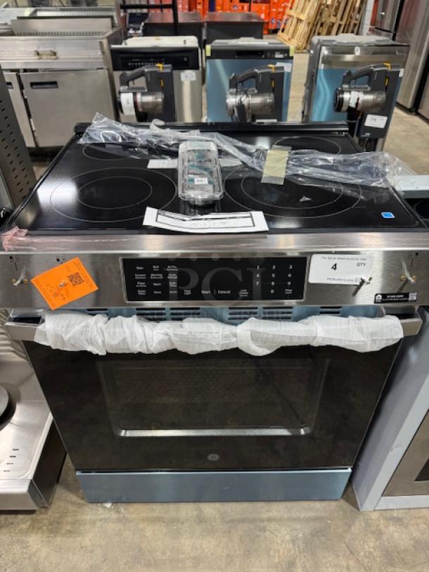 Brand new GE 30" slide-in electric convection range, model GRS600AVFS. Features no preheat air fry, EasyWash™ oven tray.