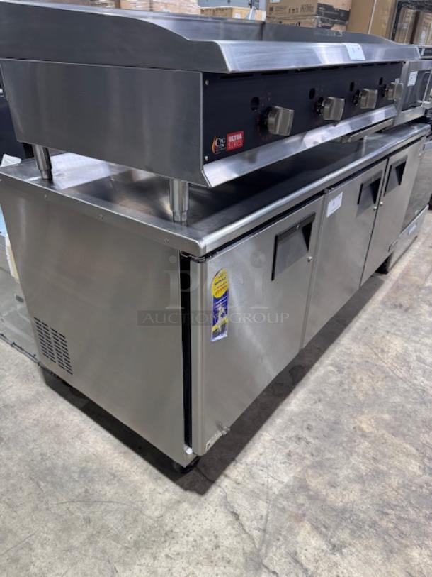 Everest Refrigeration ETBF3 undercounter freezer, 71 1/8" wide, 3 sections, pristine condition, visible certification sticker.