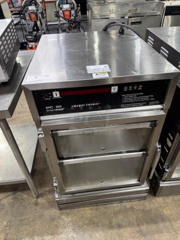 Henny Penny AHC-993 humidified heated pass-thru cabinet, stainless steel, tested and working, digital controls visible.