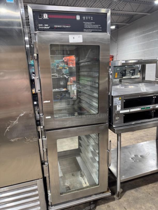Henny Penny Smart Hold Heated Holding Cabinet, Model AHC-990, stainless steel, on casters, excellent condition, tested and working.