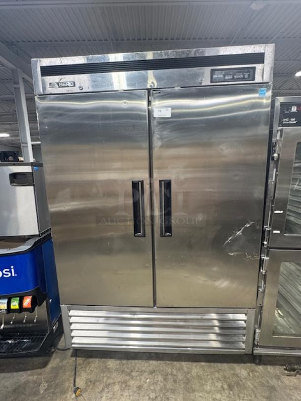 LOOKS NEW! BERG BRG-F49 solid-door commercial freezer, stainless steel, dual doors, pristine condition.