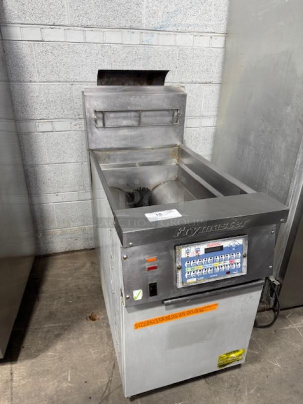 Frymaster KJ3FCSP natural gas fryer from KFC remodel, used. Visible controls, label showing model and brand.