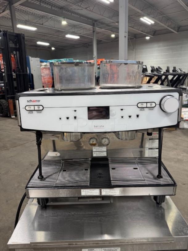 Schaerer Coffee Barista 349.BARISTA full automatic espresso machine, stainless steel, dual bean hoppers, pre-owned condition.