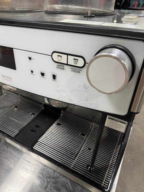 Schaerer Coffee Barista 349.BARISTA full automatic espresso machine, featuring latte and cappuccino steam options, in used condition.