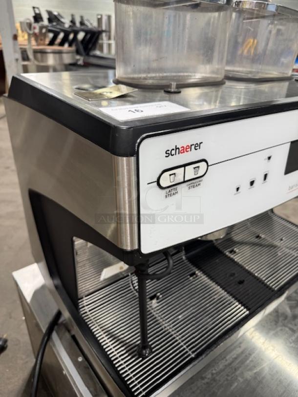 Schaerer Coffee Barista 349.BARISTA espresso machine, full automatic. Stainless steel, fair condition. Latte, steam functions visible.