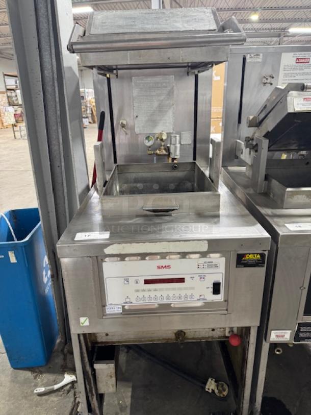 SMS Computron 8000 pressure fryer, stainless steel, used condition, control panel with labeled buttons, KFC-quality frying.