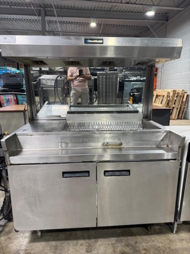 Delfield 42" fry dump station, stainless steel, tested working, 120V, good condition, with overhead warmer.