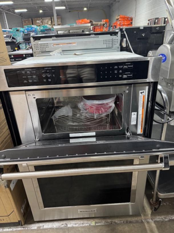 Brand new KitchenAid 30" self-cleaning air fry microwave wall oven combo, stainless steel, model KOEC530PSS01.