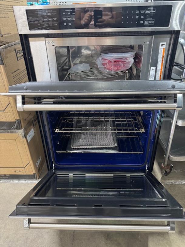 Brand new Whirlpool KitchenAid 30" microwave wall oven combo, stainless steel with PrintShield finish, model KOEC530PSS01.