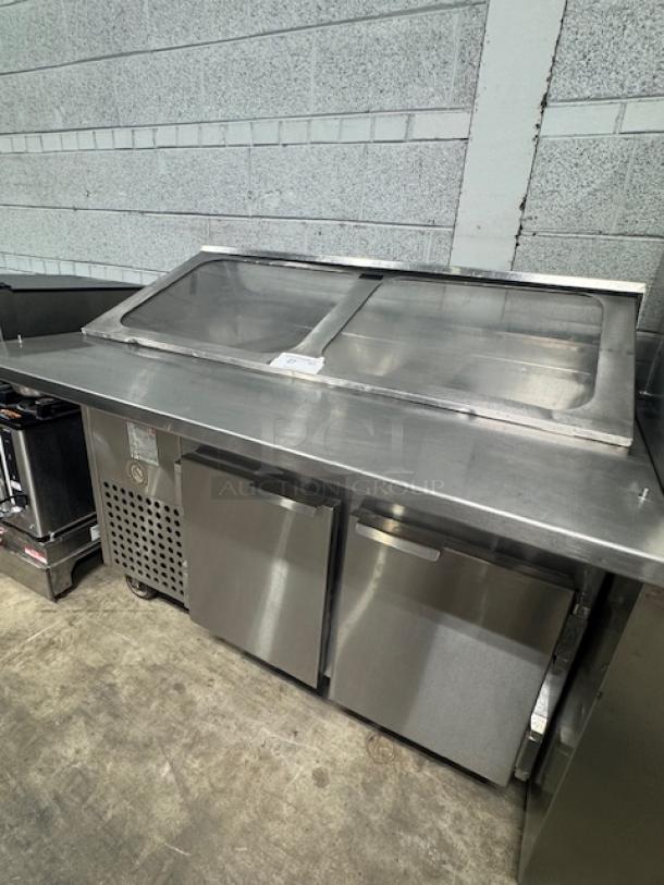 S&G Manufacturing refrigerated sandwich prep table, model RU70004, features clear lid, stainless steel, tested, working condition.