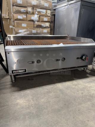 Patriot FMECTC-36/NG gas charbroiler, 30,000 BTU per burner, stainless steel, tested working, features 3/4” rear NPT.