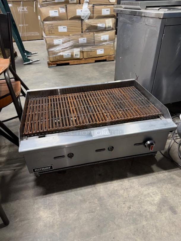Patriot FMECTC-36/NG radiant gas charbroiler, 30,000 BTU per burner, tested, working condition, stainless steel, 3/4” rear NPT.