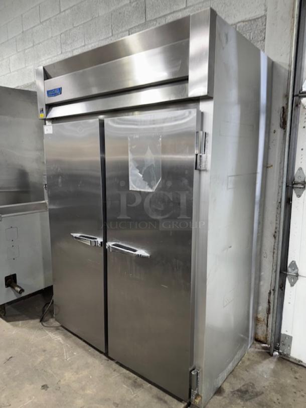 McCall 4-4045F commercial 2-door reach-in freezer, stainless steel, solid doors, good condition, visible brand label.