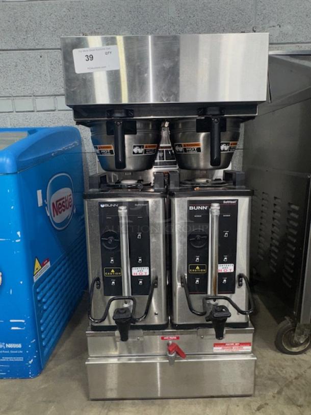 BUNN Soft Heat Dual Coffee Brewer System, model SH DBC Dual, tested and working, stainless steel, dual stations.