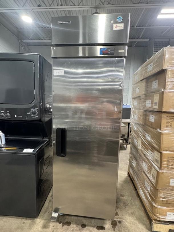 LIKE NEW Hoshizaki FH1-SSB upright freezer, full stainless door, pristine condition, professional series, visible labels.