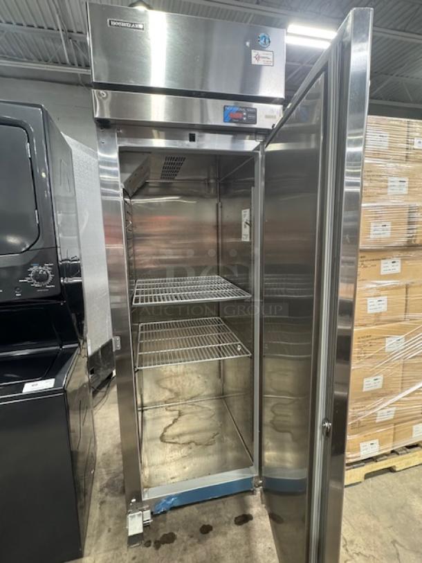 Hoshizaki Professional Series Upright Freezer, model FH1-SSB, like new, stainless steel door, open showing interior shelves.