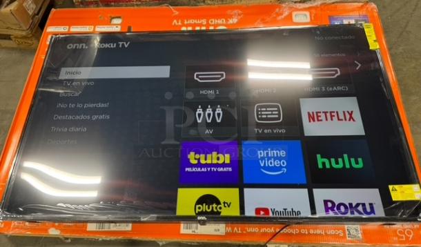 65" ONN ROKU 4K UHD Smart TV, model ROKU 65", tested and working. Features streaming apps with visible HDMI port options.