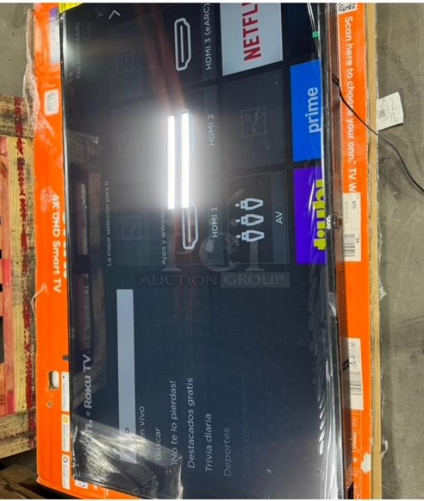 65" ONN Roku 4K UHD Smart TV, tested and working. Screen displays menu options. Includes original packaging.