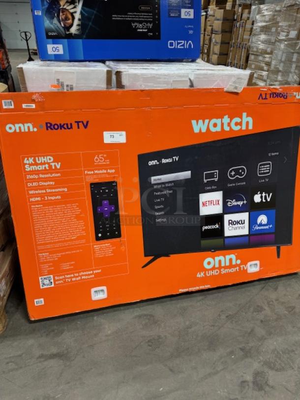 65" ONN Roku 4K UHD Smart TV in box, showing features like DLED display, HDMI inputs, and streaming apps. Tested, working.