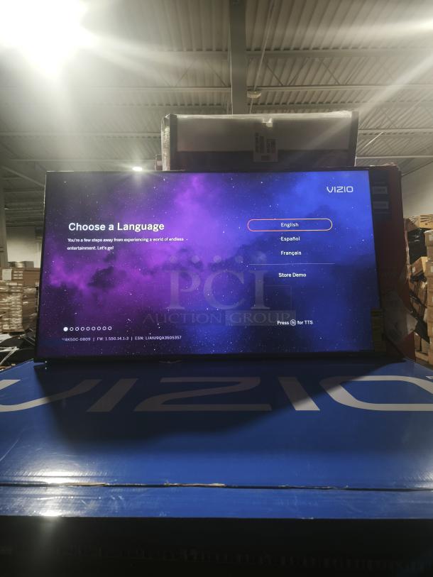 VIZIO V4K50C‑0809 50″ 4K UHD LED Smart TV, new condition, displayed on packaging, setup screen visible.