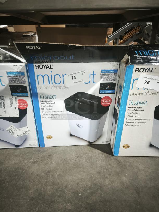 Royal 14MC 14-Sheet Micro Cut Paper Shredder in box, new condition. Features include auto start/stop, LED indicators, 20 min run time.