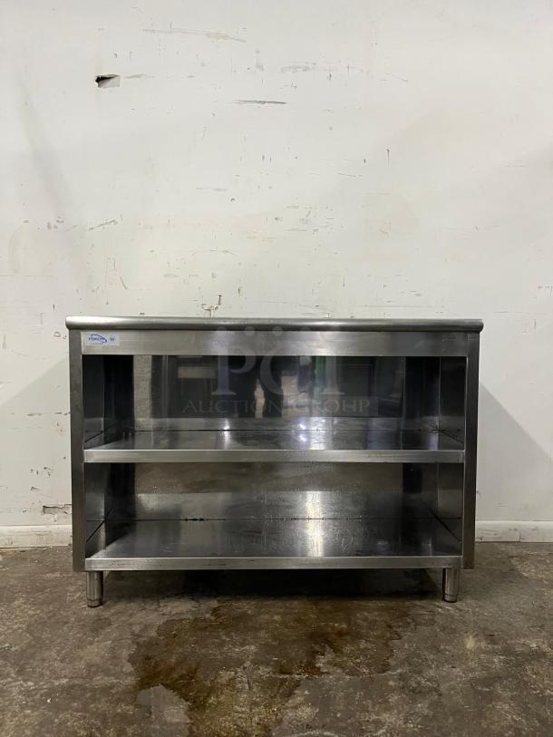 Yukon stainless steel cabinet with open front, features two shelves, durable condition, ideal for industrial use.