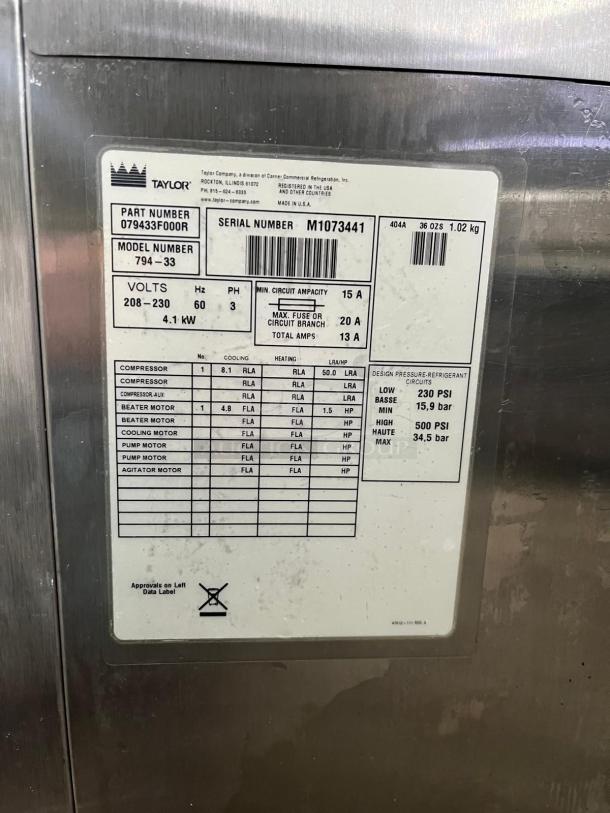 TAYLOR 794-33 soft serve ice cream machine, model details visible on label, 208-230V, 60Hz, 3-phase, 4.1 kW.