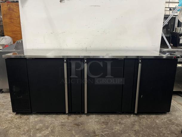 BRAND NEW Micro Matic BB95 95 Inch Refrigerated Back Bar Cabinet, 39.2 cu ft, black vinyl, stainless steel top, sealed unit.