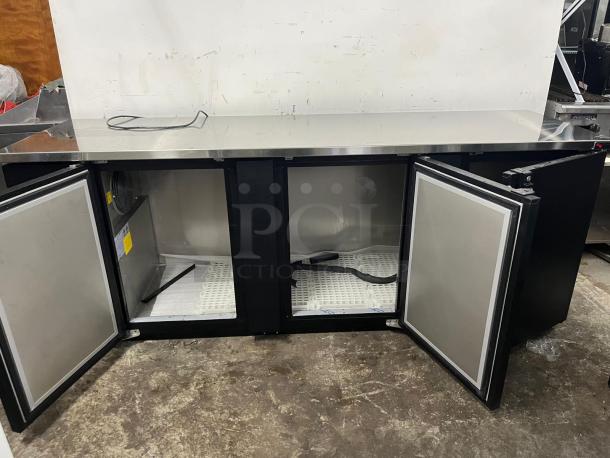Brand new Micro Matic BB95 back bar cabinet, 95-inch, 39.2 cu ft, black vinyl, stainless steel top, open doors, pristine condition.