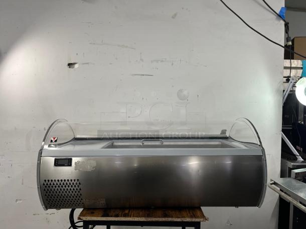 Tecfrigo Microgel 2 countertop ice cream display case, stainless steel, clear curved top, control panel, used condition.