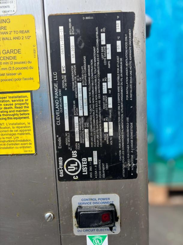 Cleveland Combi Oven-Steamer OGB-10, UL listed, with power disconnect switch shown, durable stainless steel construction.