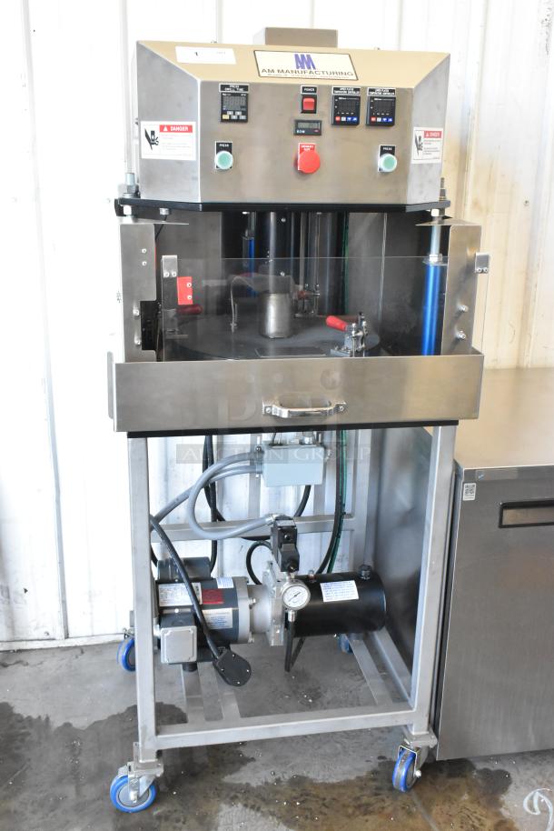 AM Manufacturing LT1800BH metal commercial floor-style hot pizza press, 208 volts, 3-phase, stainless steel finish, excellent condition.