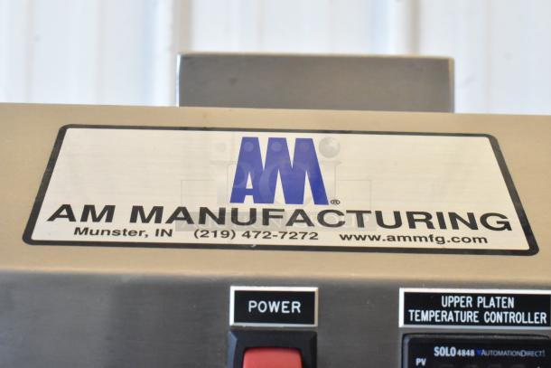AM Manufacturing LT1800BH metal pizza press, commercial floor style, 208V, 3 phase. Shows power switch and temperature controller.