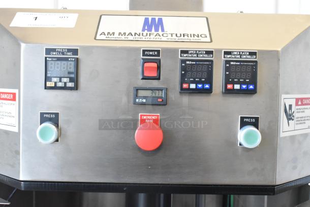 AM Manufacturing LT1800BH metal commercial hot pizza press, 208 volts, 3 phase, control panel with temperature settings.