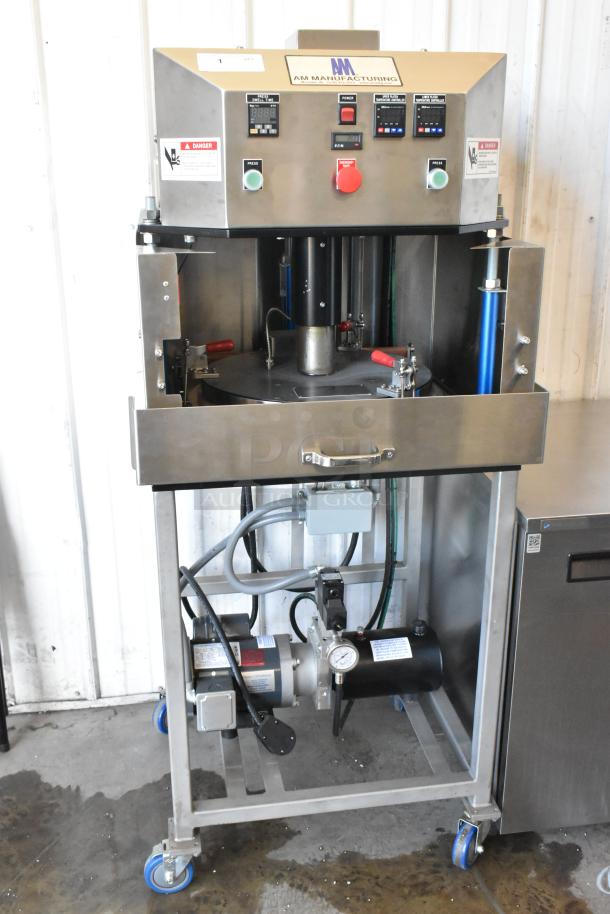AM Manufacturing LT1800BH commercial hot pizza press, metal, 208V, 3 Phase, with safety labels and control panel.