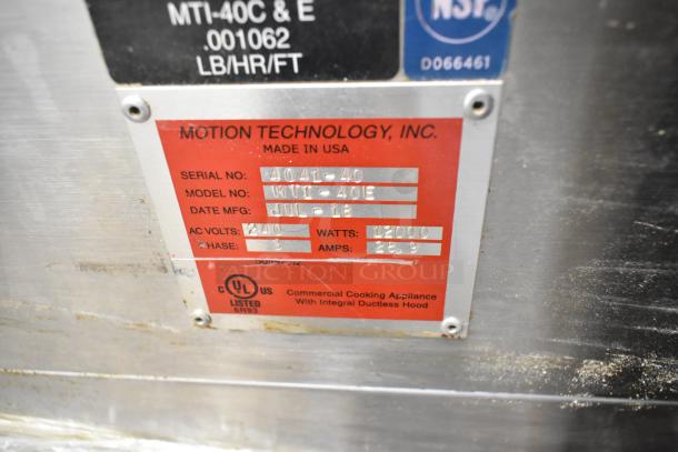 2018 Autofry MTI-40E stainless steel ventless fryer label, 240V, 3-phase, 6.0-gallon capacity, commercial-grade.